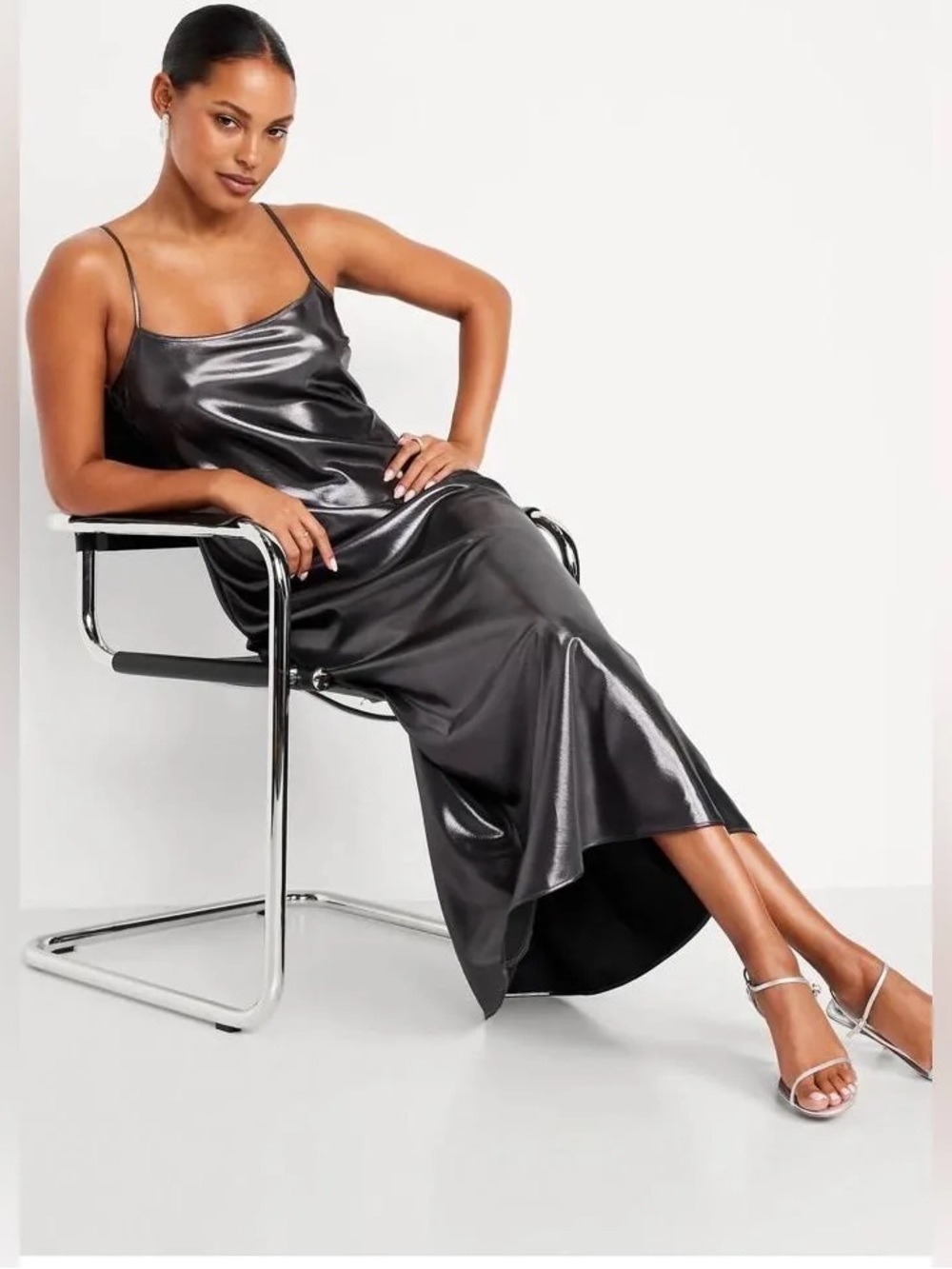 NWT old navy shine satin maxi slip silver dress M